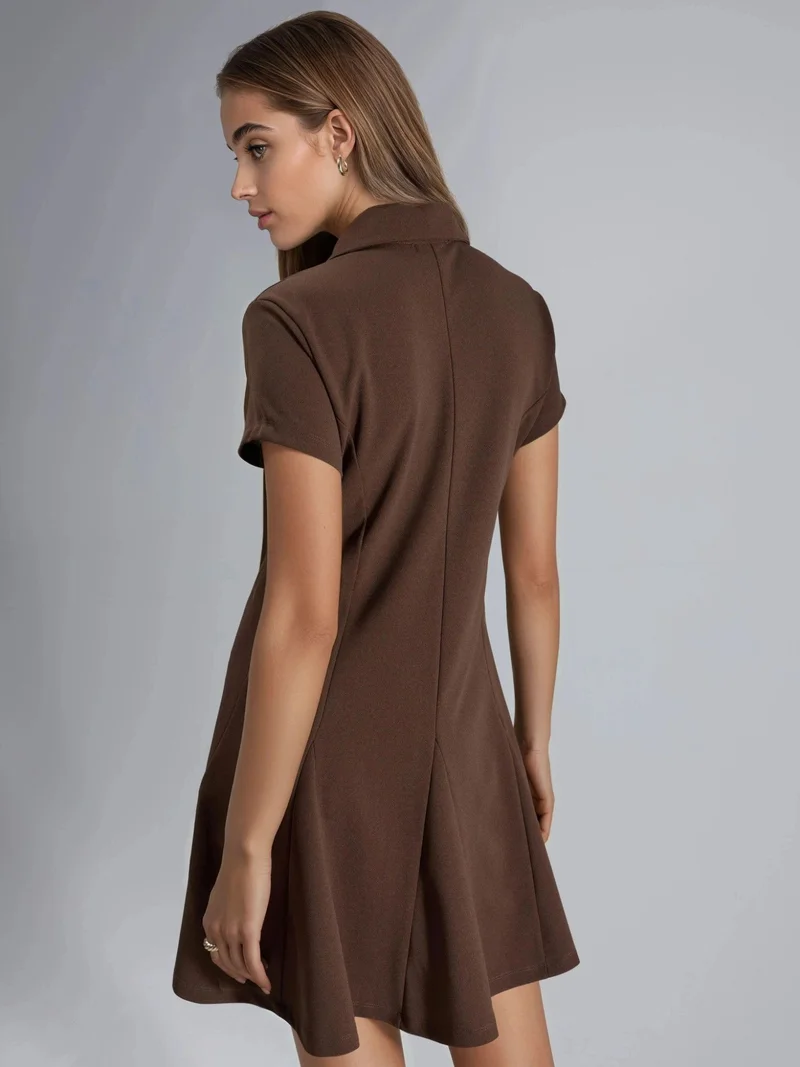 Busem Coffee Brown Crepe Mini Dress with Button Closure and Polo Collar for Women | Best Price UAE
